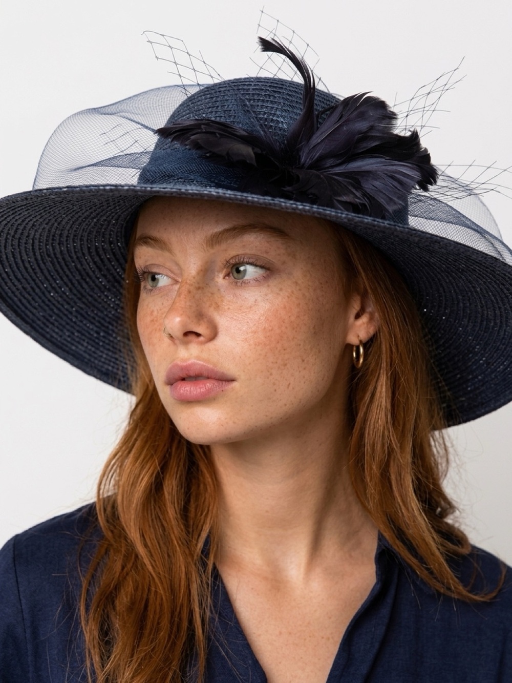Wide-Brim Navy Feather Accent Hat